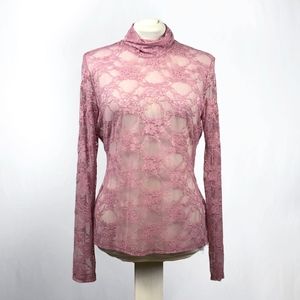 Pink Sheer Lace Mock Turtleneck Blouse Sz M
